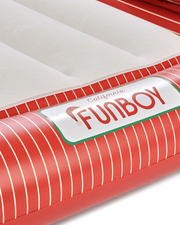 Inflatable air mattress with 'California Funboy' logo on a white background